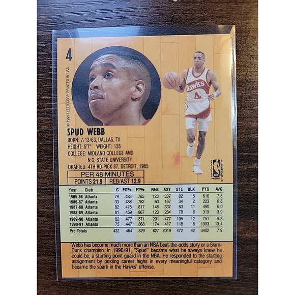 Spud Webb 1991-1992 Fleer #4 - Sacramento Kings - NBA - Picture 2 of 2